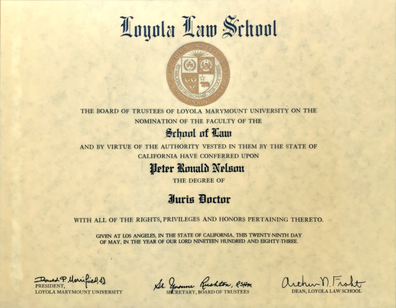 Peter Nelson - Diploma of Layola Law School